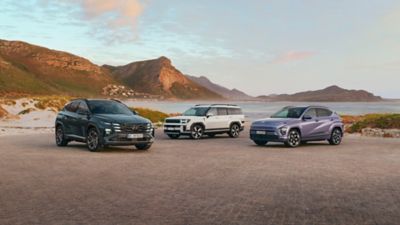 Flera Hyundai-bilar parkerade på öppen yta i ett landskap med berg i bakgrunden.