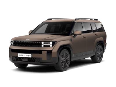 Hyundai SANTA FE Plug-in Hybrid SUV, framifrån i sned vinkel, matt mässing.