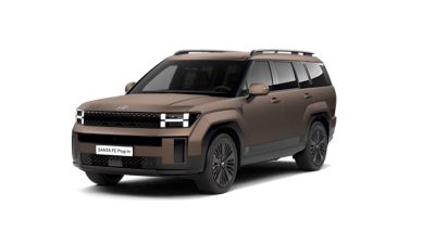 Hyundai SANTA FE Plug-in Hybrid SUV, framifrån i sned vinkel, matt mässing.