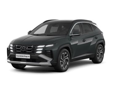  Hyundai TUCSON Plug-in Hybrid SUV, framifrån i sned vinkel, svart.