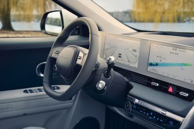 The fully digital 12.25” cluster display inside of the Hyundai IONIQ 5 electric midsize CUV.