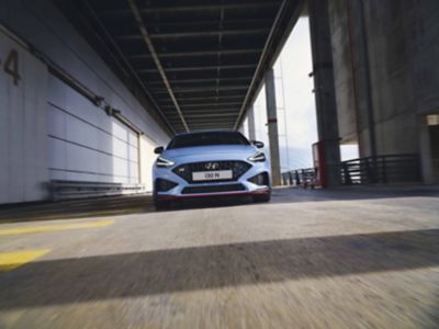 The aggressive bumper and air intake of the Hyundai i30 N performance hatchback.