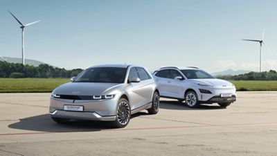 IONIQ 5 and KONA against a backdrop.