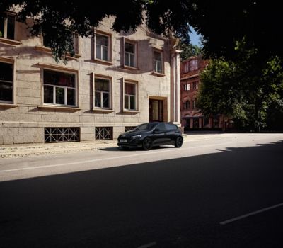The Hyundai i20 Black line parked alongside a road