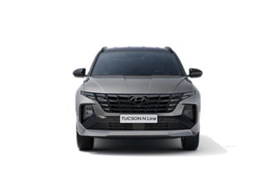The all-new Hyundai TUCSON Hybrid N Line in shadow gray, seen from the front.