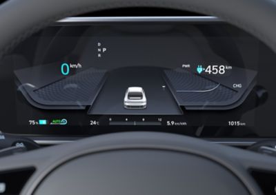 The fully digital 12.3” cluster display inside of the Hyundai IONIQ 5 electric midsize CUV.
