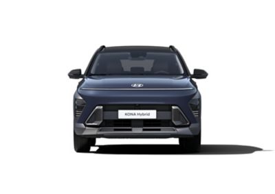 Face avant du tout nouveau Hyundai KONA Hybride soulignée par des phares Seamless Horizon rouges. 