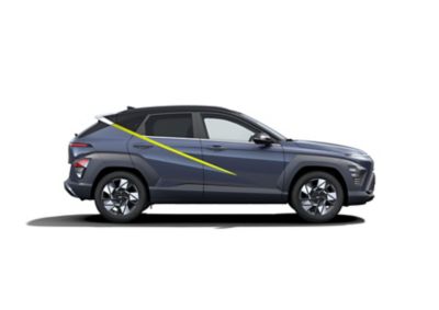 Hyundai KONA Hybrid, de profil, affirmant ses surfaces diagonales paramétriques nettes.