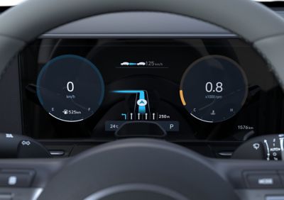 12,3 inch digitaal cluster in Hyundai Kona Electric toont snelheid en navigatieaanwijzingen.