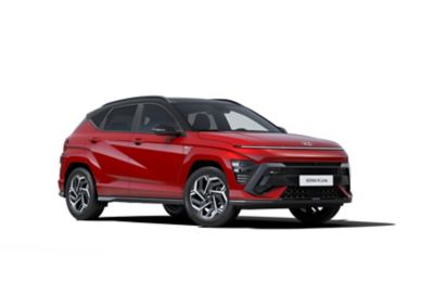 Ein roter Hyundai KONA N Line schräg von vorne gesehen. 