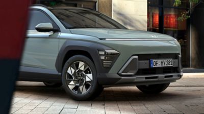 The distinctive twin headlamp design of the Hyundai KONA.