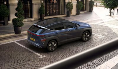 Front view of the new Hyundai Kona Hybrid compact SUV with its robust signature and unique style.