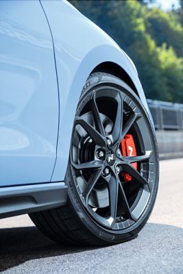 Detail of cast alloy 18" wheels on the Hyundai i30 N performance hatchback.