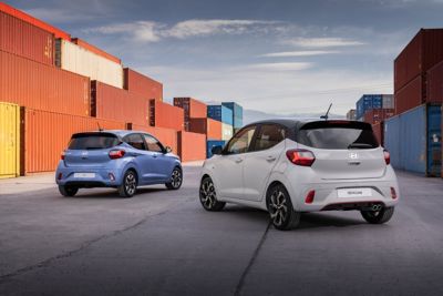 The new Hyundai i10 & i10 N Line in parked in front of the colorful containers..