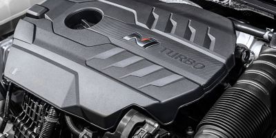 Detail of the turbocharged engine inside the Hyundai i30 N performance hatchback.