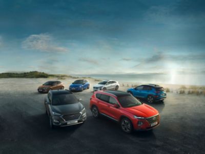 Six Hyundai vehicles parked next to each other: IONIQ 5, KONA, i20. Santa Fe, Tucson and Bayon.