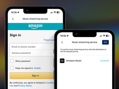 A phone logging into an Amazon account, displaying a connection to Amazon Music