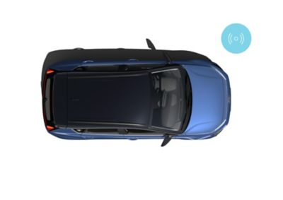 Bird's eye view of the new Hyundai BAYON in blue showing the roof in black.
