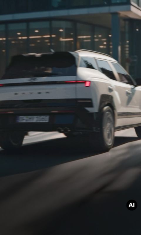 Rear view of Hyundai BAYON N Line driving on the city street.