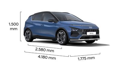 Four small pictures of the old Hyundai BAYON and its measures. 