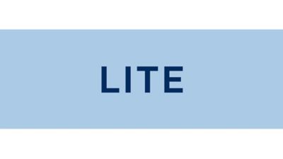 An blue rectangle with the word LITE in it, symbol