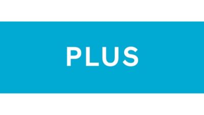 An blue rectangle with the word PLUS in it, symbol