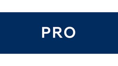 An blue rectangle with the word PRO in it, symboli