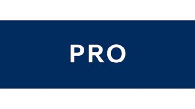 An blue rectangle with the word PRO in it, symboli