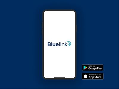 Smartphone displaying the Bluelink logo with app store download icons below.