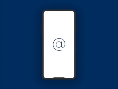 Smartphone screen displaying a blue '@' symbol.