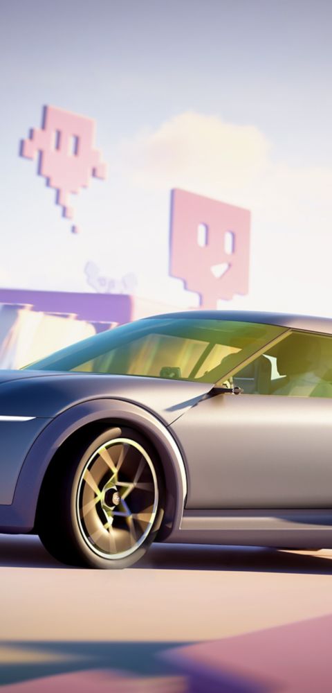 Hyundai Concept THREE driving on a futuristic track with colorful block-like structures and pixel art graphics in the background.