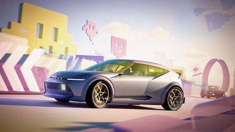 Hyundai Concept THREE driving on a futuristic track with colorful block-like structures and pixel art graphics in the background.