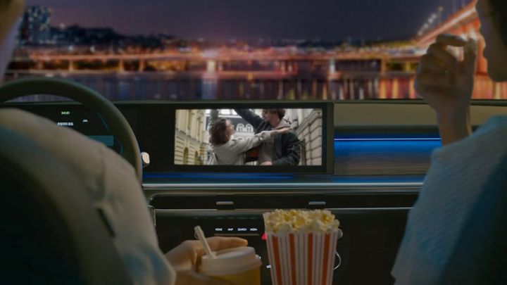 Rear-seat entertainment screen inside a Hyundai vehicle.
