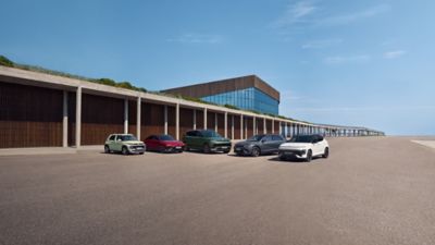 Vijf elektrische Hyundai-modellen staan naast elkaar geparkeerd voor een modern gebouw, onder een strakblauwe lucht.