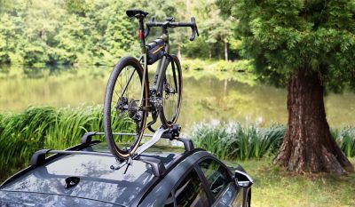 Hyundai Genuine accessory roof bike carrier with bike on roof.