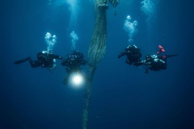 Three divers recovering an abandoned fishing net from the ocean.