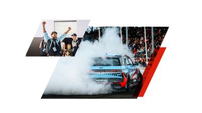 A collage showing two scenes: one with people gathered around a miniature race track at the 'IONIQ 5 N Goodwood Challenge' display, and another of the Hyundai IONIQ 5 N drifting at the Goodwood Festival of Speed 2023, with tire smoke and spectators in the background.