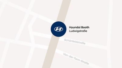 Map showing Hyundai Booth on Ludwigstraße near Schönfeldstraße and Von-der-Tann-Straße.