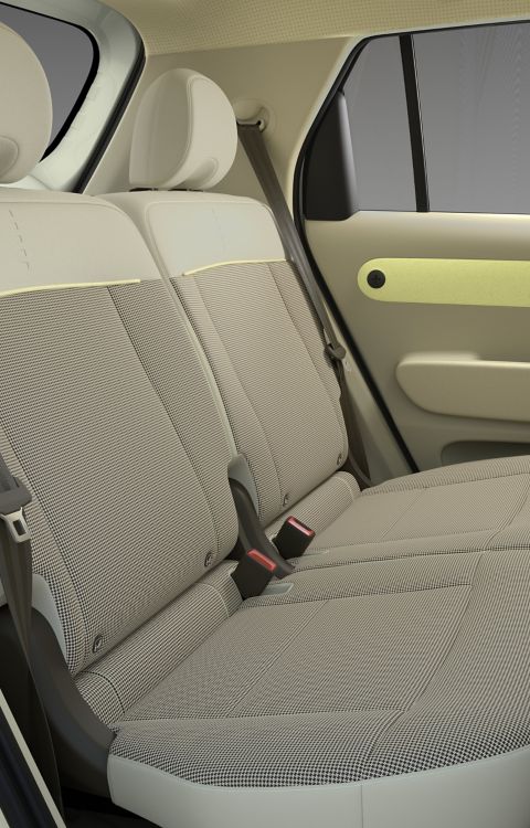 A closeup of the comfortable rear seats of the new Hyundai INSTER small electric car.