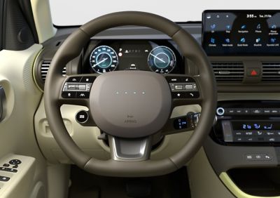 Closeup of the high-end steering wheel of the new Hyundai INSTER small electric car.