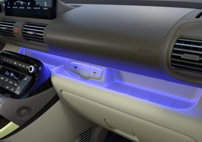 Closeup of the 64 colour ambient lighting of the new Hyundai INSTER small electric car.