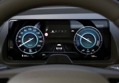 Closeup of the digital cluster of the new Hyundai INSTER small electric car.