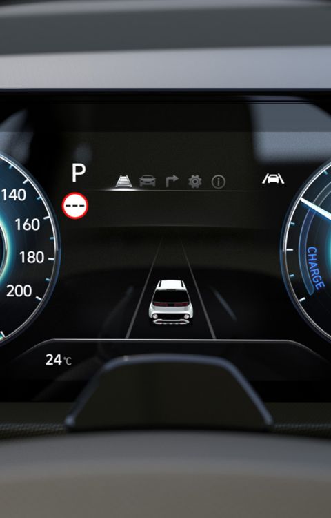 Closeup of the digital cluster of the new Hyundai INSTER small electric car.