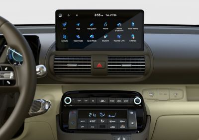 Closeup of the 10.25" centre touchscreen of the new Hyundai INSTER small electric car.