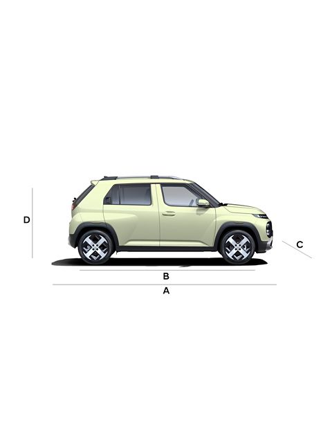 Side view of a Hyundai INSTER, and labeled dimensions on a light background.