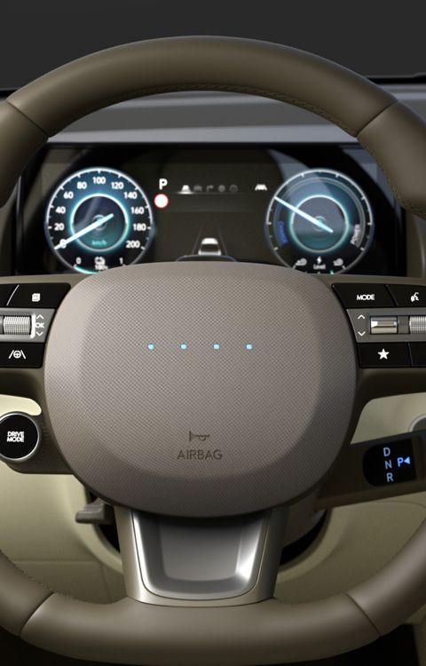 Closeup of the high-end steering wheel of the new Hyundai INSTER small electric car.
