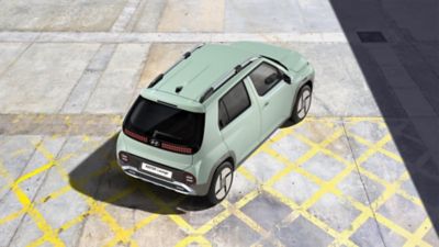 Birds eye view of iew of the Hyundai INSTER Lounge electric city car.