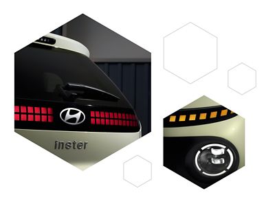 The new Hyundai INSTER small electric car shown from the side and front.