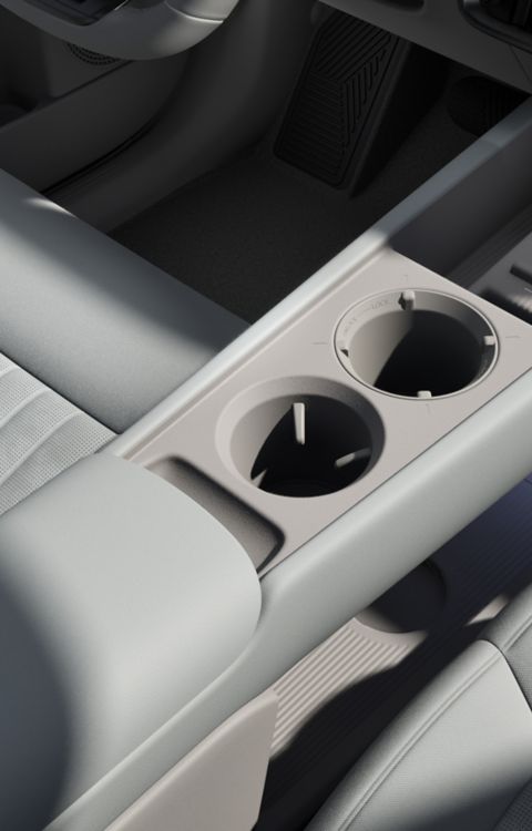 Close up of the center console and arm rest inside the Hyundai IONIQ 3.