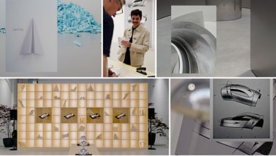 Collage of design installations and exhibition impressions, featuring folded paper motifs, abstract structures, sketches and display elements in a gallery setting.